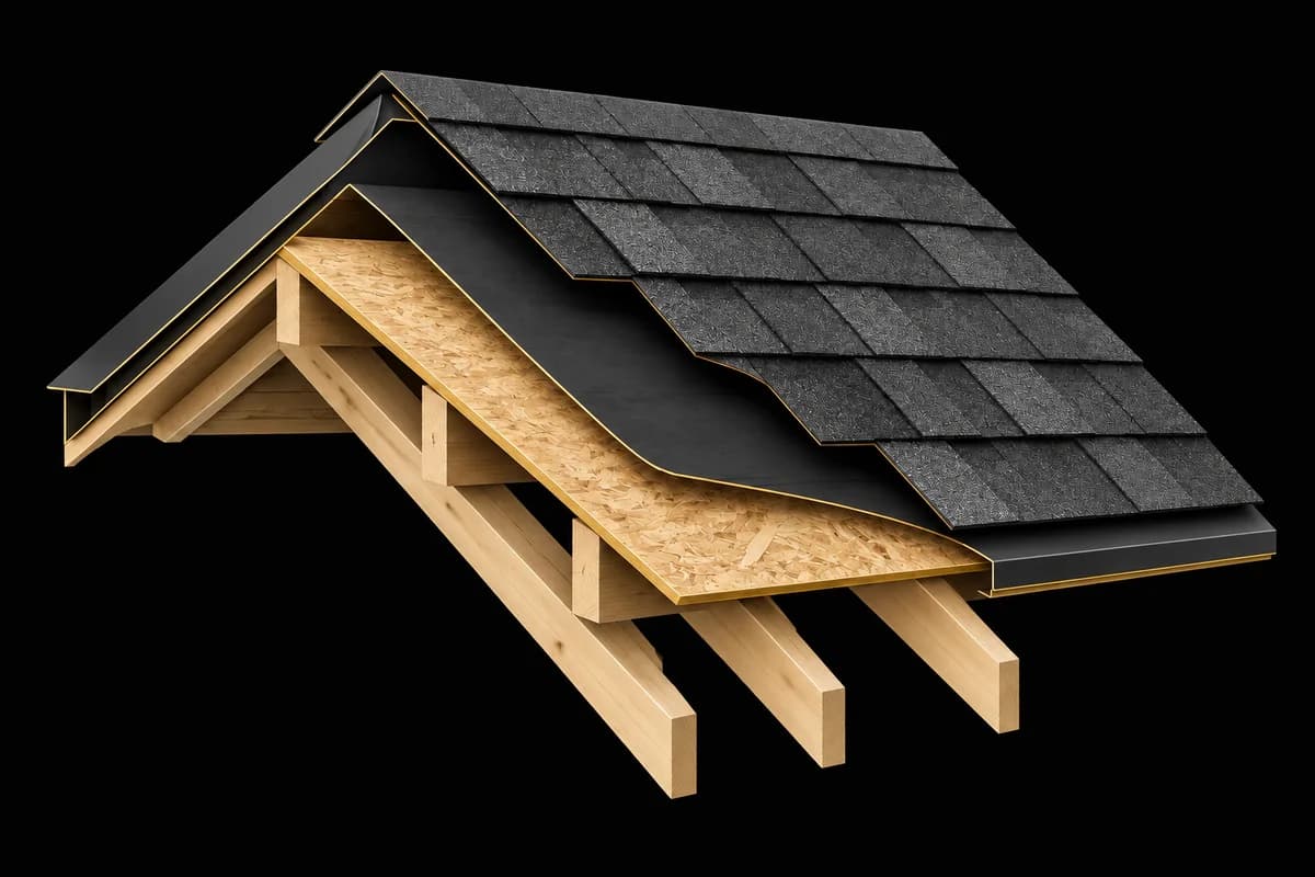 Cutaway roof cross-section showing shingles, underlayment, decking, and rafters